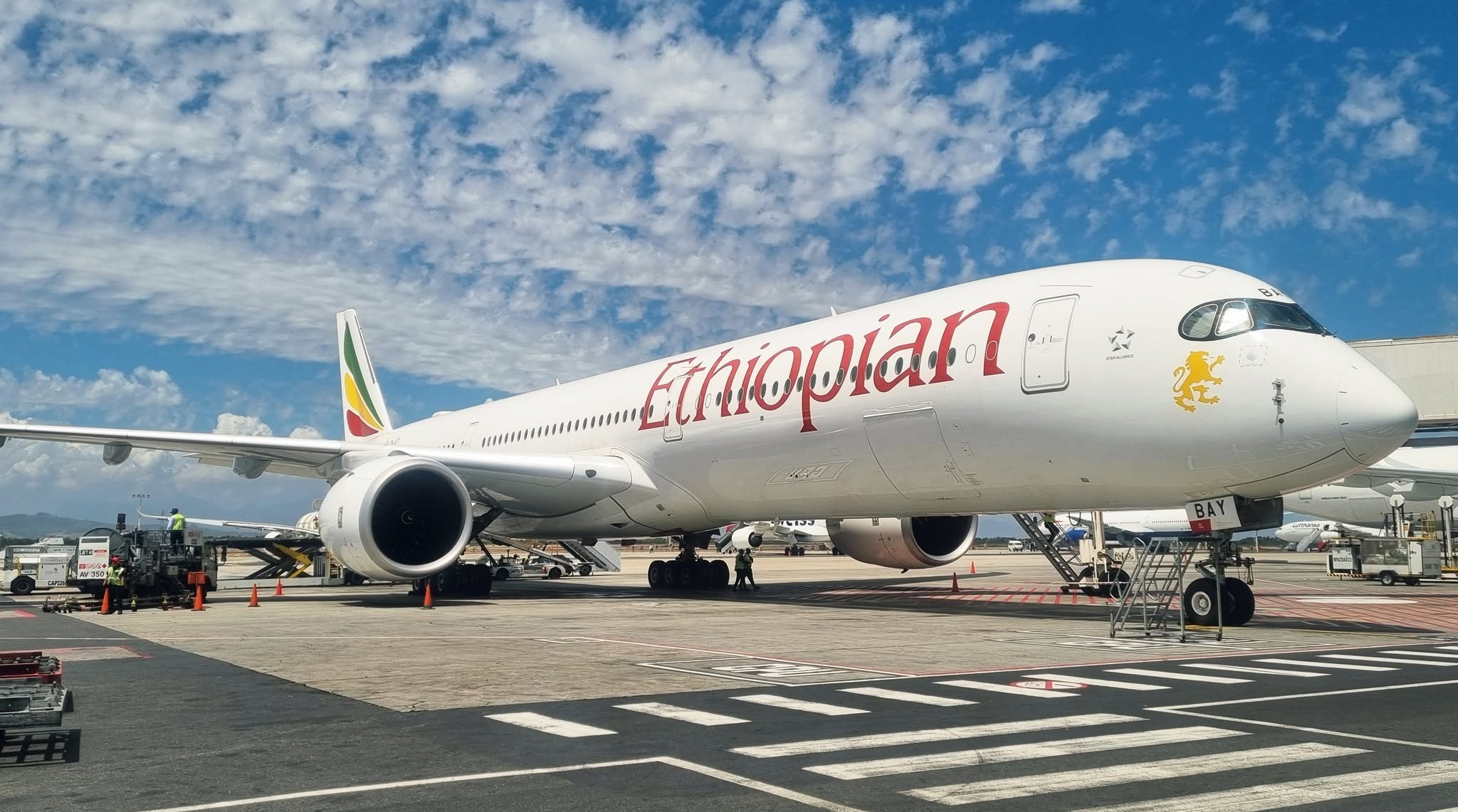Ethiopian Airlines Airbus A350-1000 on the apron at Cape Town International Airport