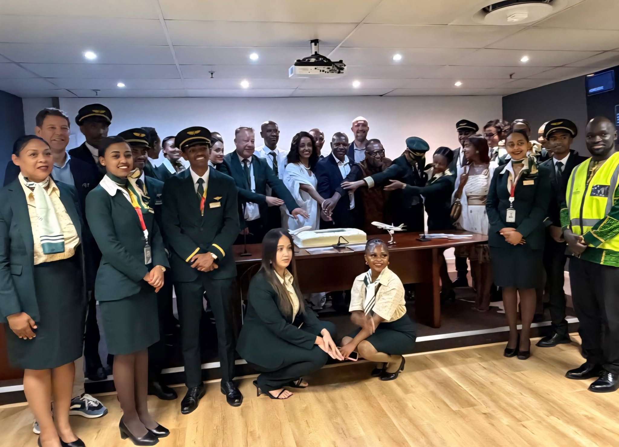 Ethiopian Airlines crew, officials and guests at the Cape Town welcome ceremony for the Airbus A350-1000